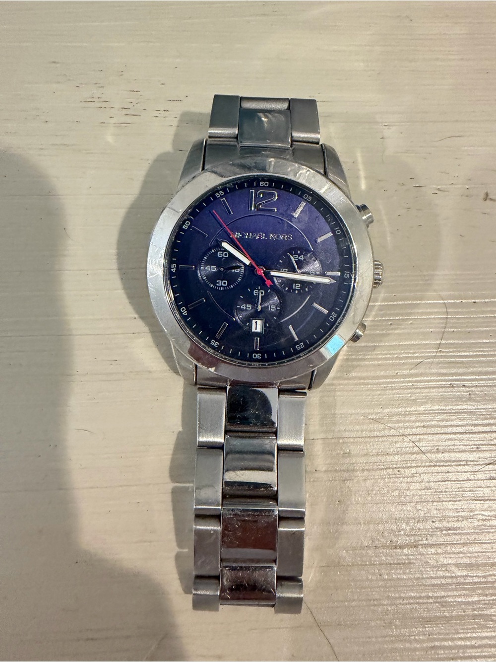Michael Kors Silver Stainless Steel Chronograph Watch with Blue Dial